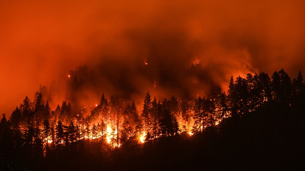 Red sky, smoke and trees on fire in BC